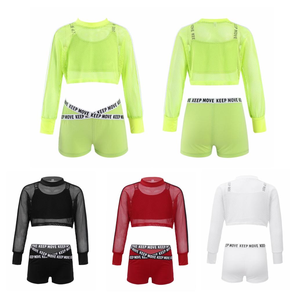 Kids Girls 3Pcs Jazz Hip Hop Dance Outfits Short Net Blouse with Tank Top and Booty Shorts Workout Suit