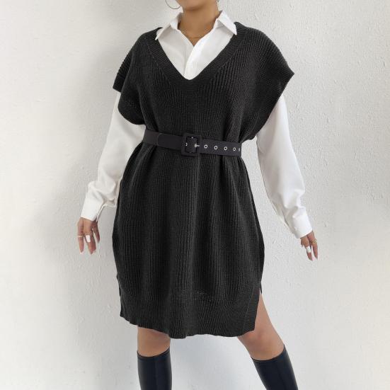 Женский свитер-жилет с V-образным вырезом, без рукавов, однотонный, вязаный, свободного кроя, с боковыми разрезами, повседневный свитер-жилет