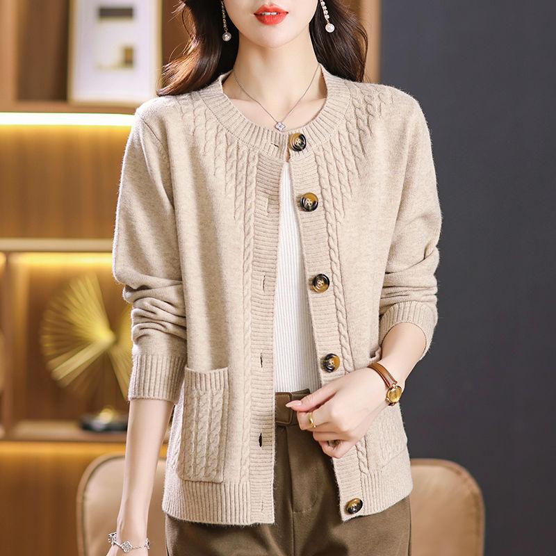 Autumn Winter Cardigan Sweater Women Round Neck for Mom Loose Knitted Sweater Universal Casual Top Western Style Jacket
