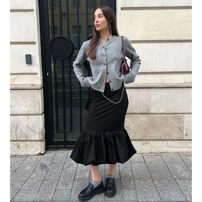 French Style Black A-Line Midi Skirt Elegant Splicing Design Womens Fashion