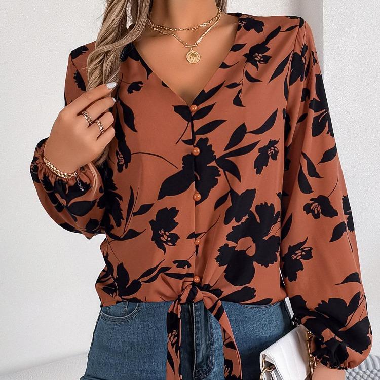 Женская блузка с V-образным вырезом и длинным рукавом, стильная рубашка с принтом для весенне-осеннего сезона