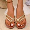 Модные золотые сандалии с перемычкой для пальца, женские, лето 2025, на плоской подошве, пляжные шлепанцы, женские, большого размера 43, легкие уличные тапочки