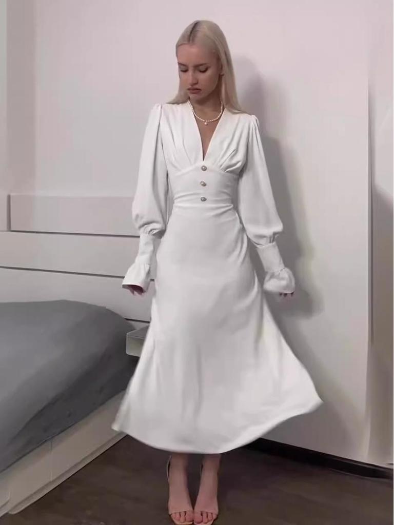 2024 Осень Женское Однотонное Элегантное Платье с V-образным Вырезом, Поясом на Талии, Приталенное, с Длинным Рукавом