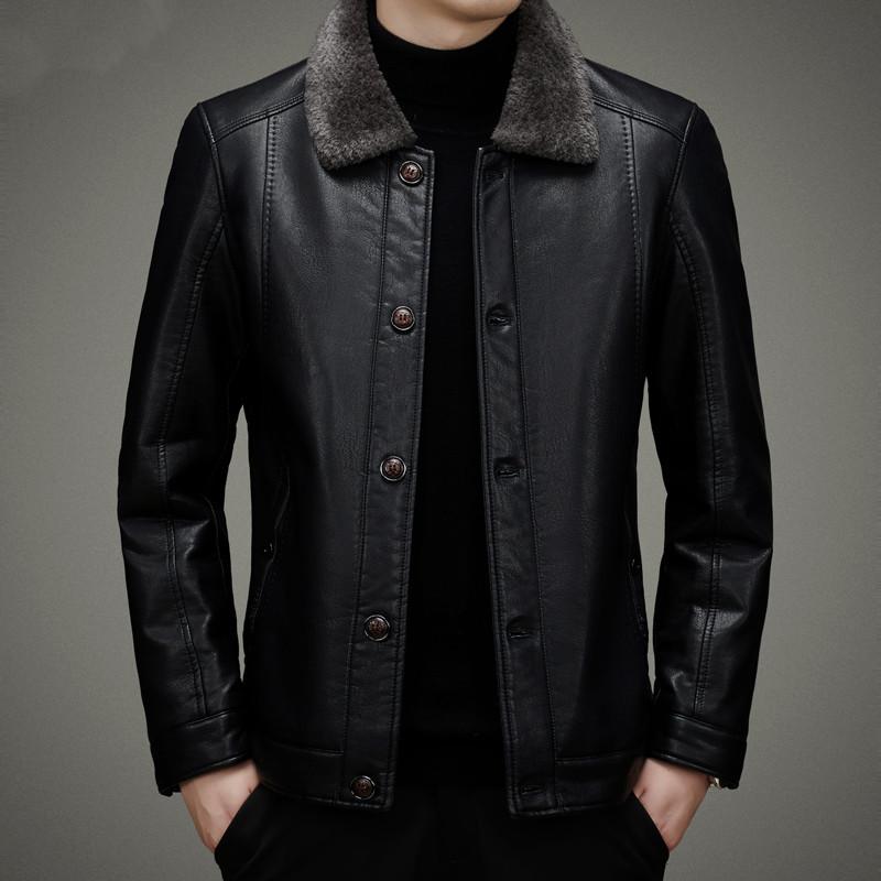 Мужская куртка из натуральной кожи с бархатом и утолщенным зимним мехом, универсальная мужская кожаная куртка на пуговицах для пап среднего возраста с пальто с лацканами
