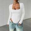Женское боди с квадратным вырезом, с длинным рукавом, осенняя базовая футболка, топы, сексуальное облегающее боди, топ