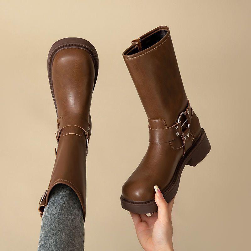 Тонкие сапоги ретро западные ковбойские сапоги коричневые толстый каблук полусапожки мартинсы женские 2025 осень и зима новые модели