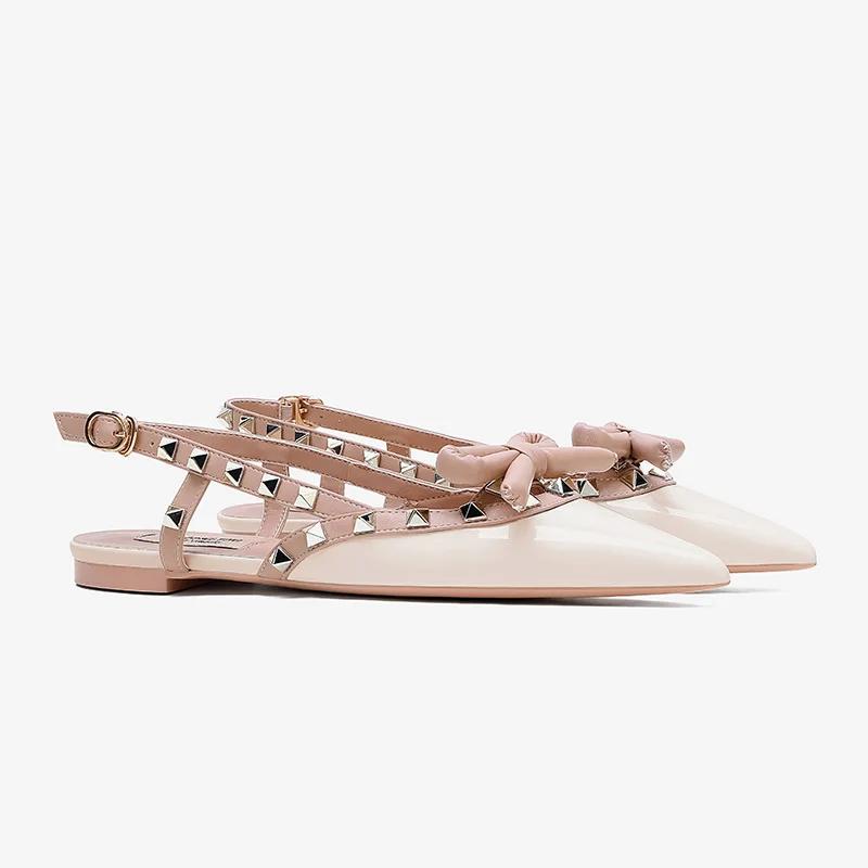 Fashion New Summer Rivet Bownot Solid Color Flat Sandals Fashionable Pointed Versatile Temperament Commuting Shopping Single Shoes 34-41