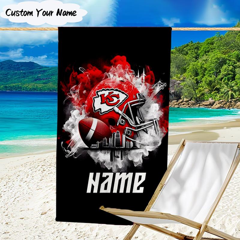 1 шт. Пляжное полотенце с индивидуальным именем, Шлем Kansas Chiefs, Подходит для кемпинга, путешествий, пляжных аксессуаров, Супервпитывающее, Семейный подарок
