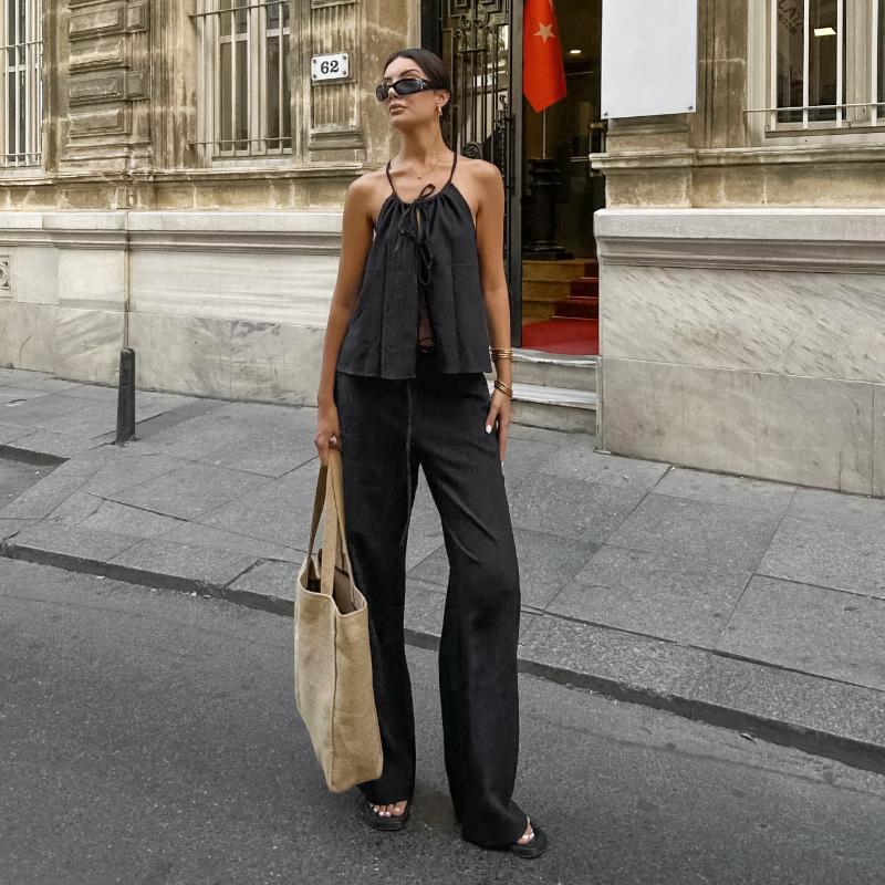Retro Solid Color Round Neck Lace Up Sleeveless Top Sets Elegant High Waist Loose Wide Leg Pants Suit 2025 Summer Lady High Street Outfits