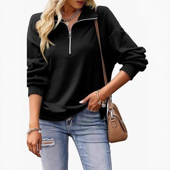 Cross-border Amazon European and American women's clothing casual shoulder sweater autumn loose long-sleeved splicing semi-zipper top spot