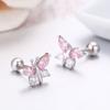 Cute 925 Sterling Silver Butterfly Pink Cz Screw Back Stud Earrings For Women Child Girls Kids Jewellery Orecchini Aros Aretes
