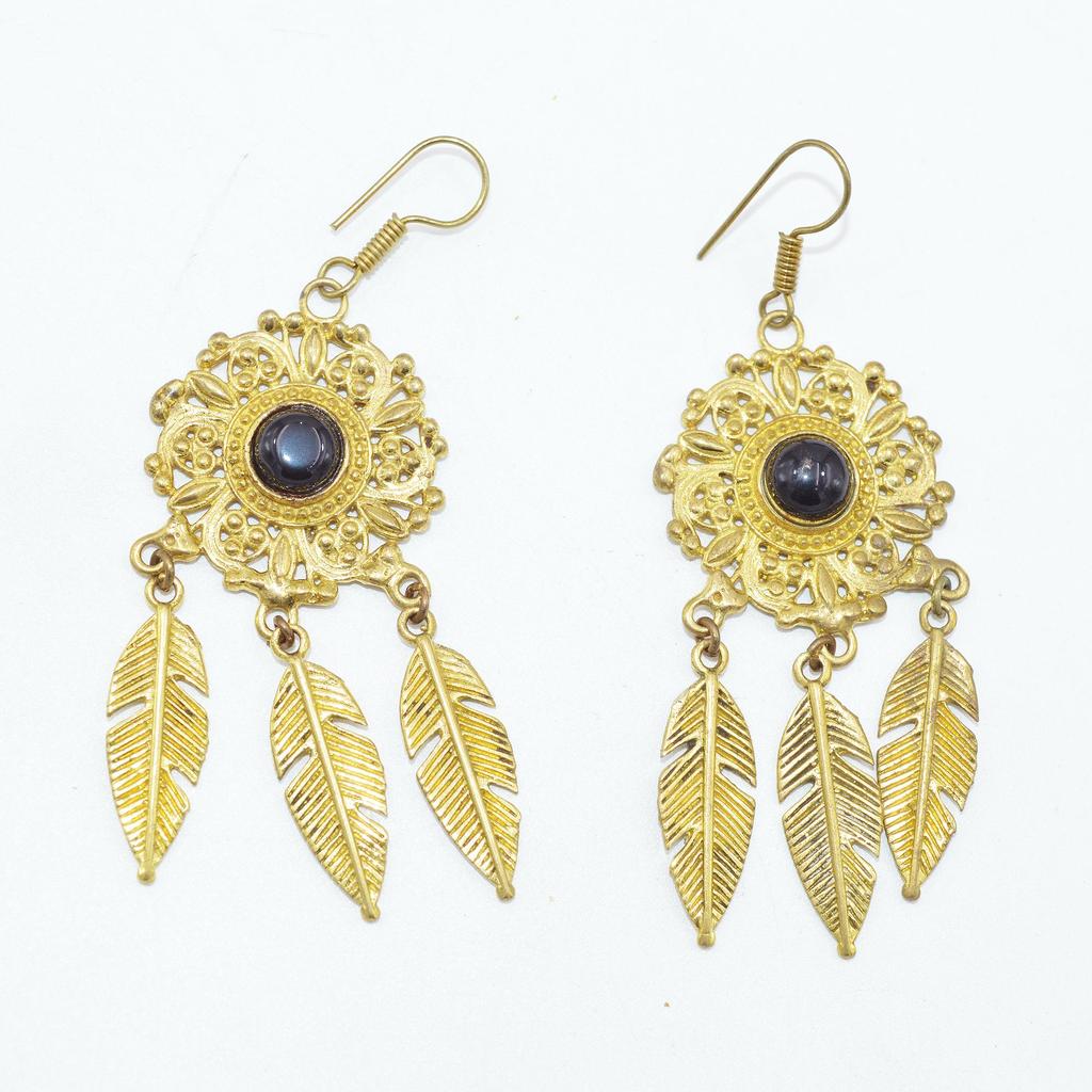 Brass Gold Plated Women's Earring, Natural Gemstone Cabochon Jewelry, Fashion Jewelry, Handmade Earring, Black Onyx Earring