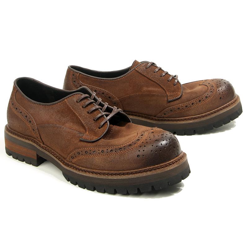 16-5 Oil Wax Matte Brock Engraved Men's Shoes Big Head Leather Shoes Retro Round Head Tooling Shoes Platform Casual Leather Shoes