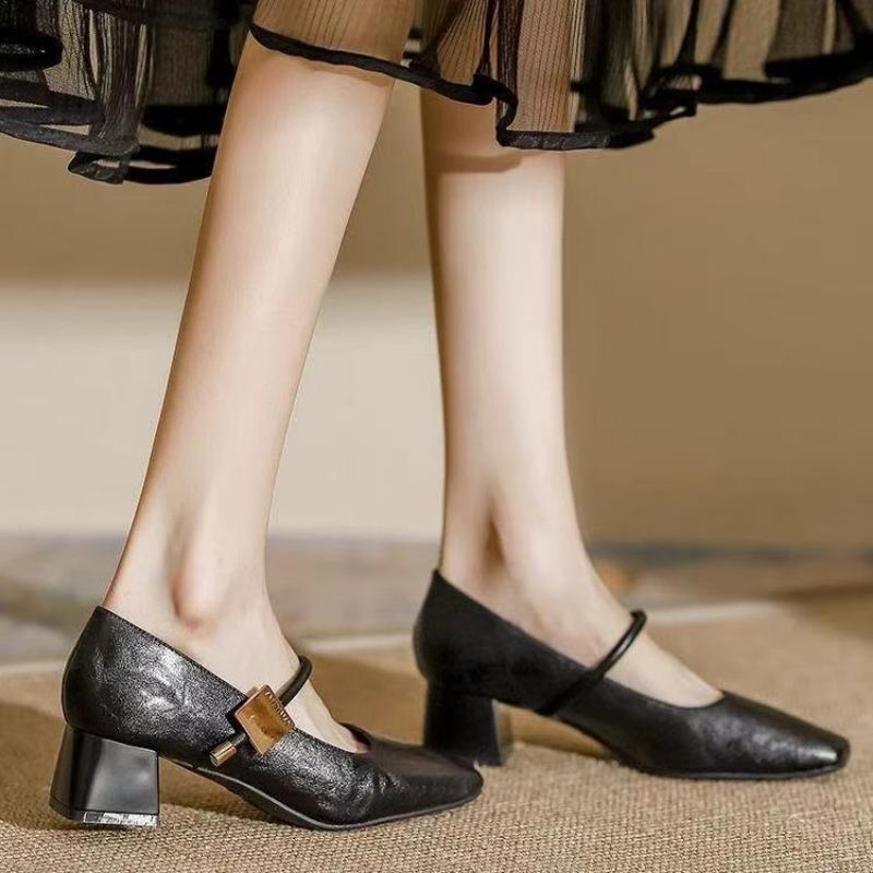 Винтажные туфли Мэри Джейн на высоком каблуке, осенние новинки, квадратный носок, толстый каблук, элегантные женские туфли для офиса