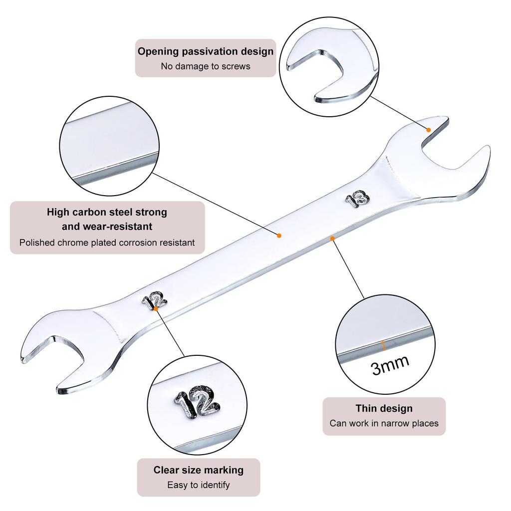 Uxcell Тонкие рожковые ключи 12мм x 13мм Метрические Двойные рожковые Хромированные Зеркальные Высокоуглеродистые Тонкие Ключи для Дома Машины 10 Штук Ключи, Ключи, Хромированные,