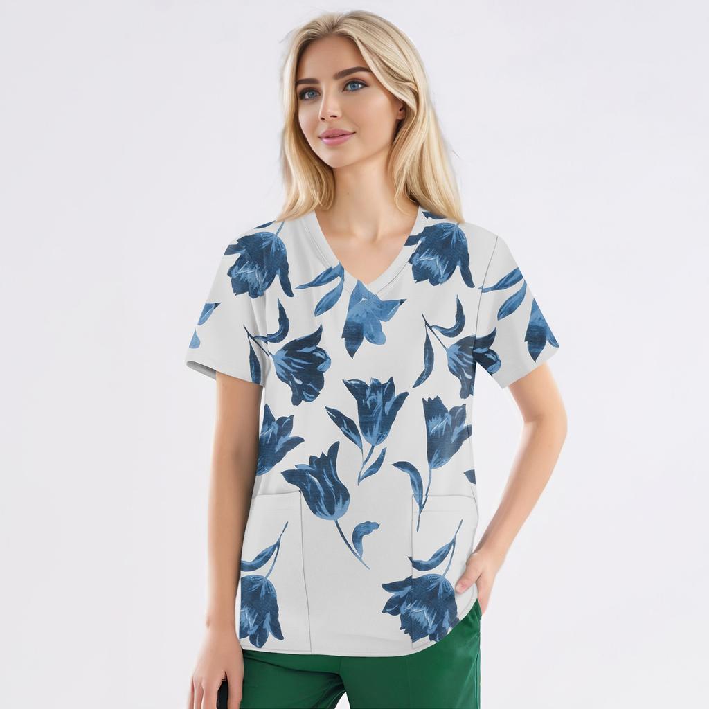 Рабочая форма больших размеров с принтом, топы для женщин, забавные футболки с v-образным вырезом и короткими рукавами, рабочая одежда, футболка с карманами