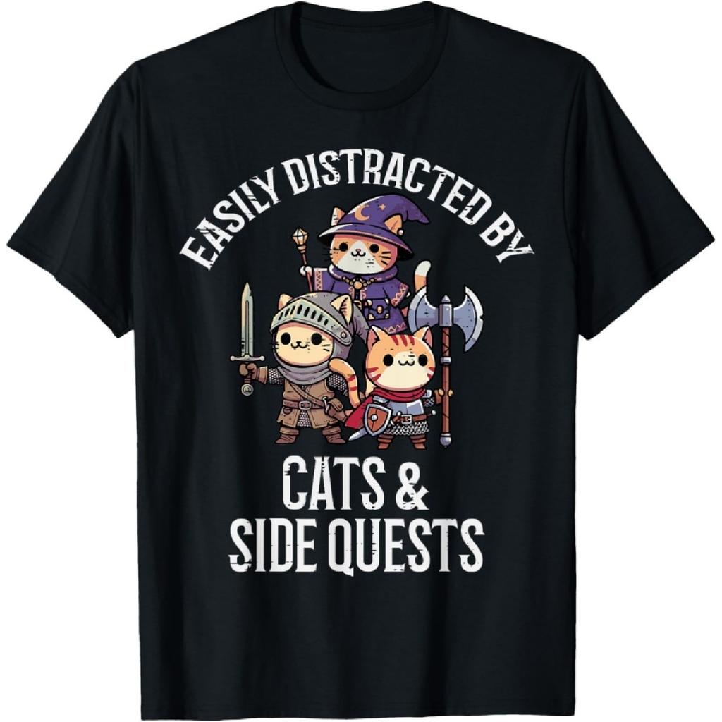Gamer Easily Distracted By Cats Side Quests Men Boys Kids T-Shirt(1)