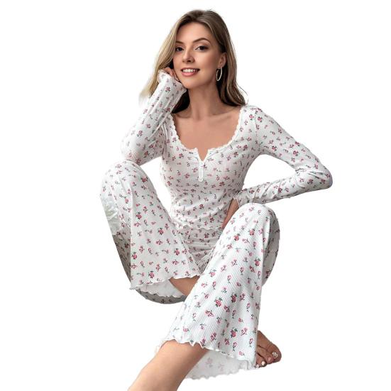 Women's Floral Long Sleeve Pajama Set Crop Top And Wide Leg Pants Sleepwear Set Casual 2 Piece Pjs Lounge Set
