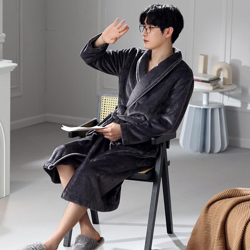 Мужская зимняя ночная рубашка из кораллового флиса, теплая флисовая утолщенная фланелевая роба средней длины, мужская зимняя пижама, халат