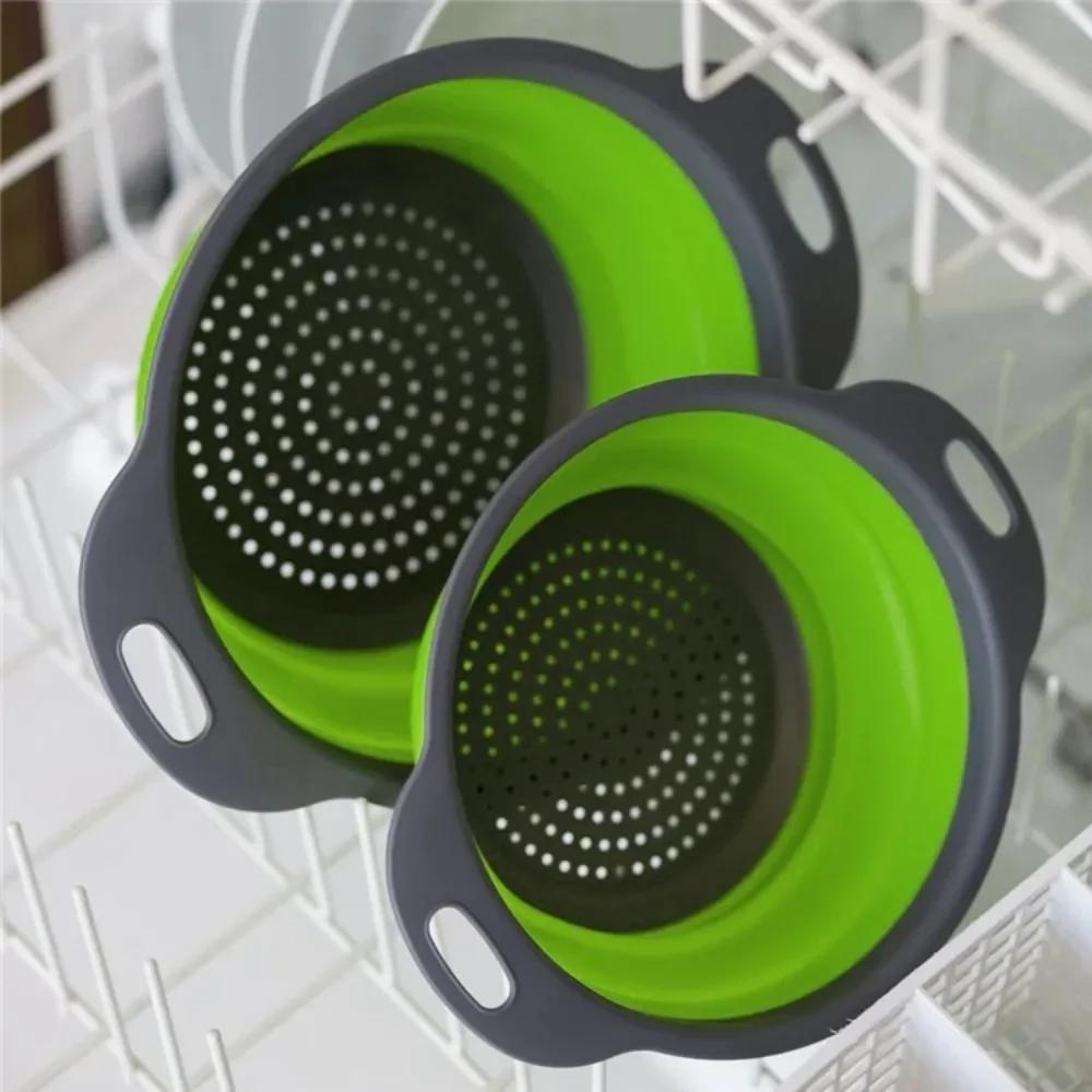 Round Folding Colander Vegetable Fruits Washing Drain Basket Kitchen Gadgets Water Filter Net Silicone Colander Strainer Tools