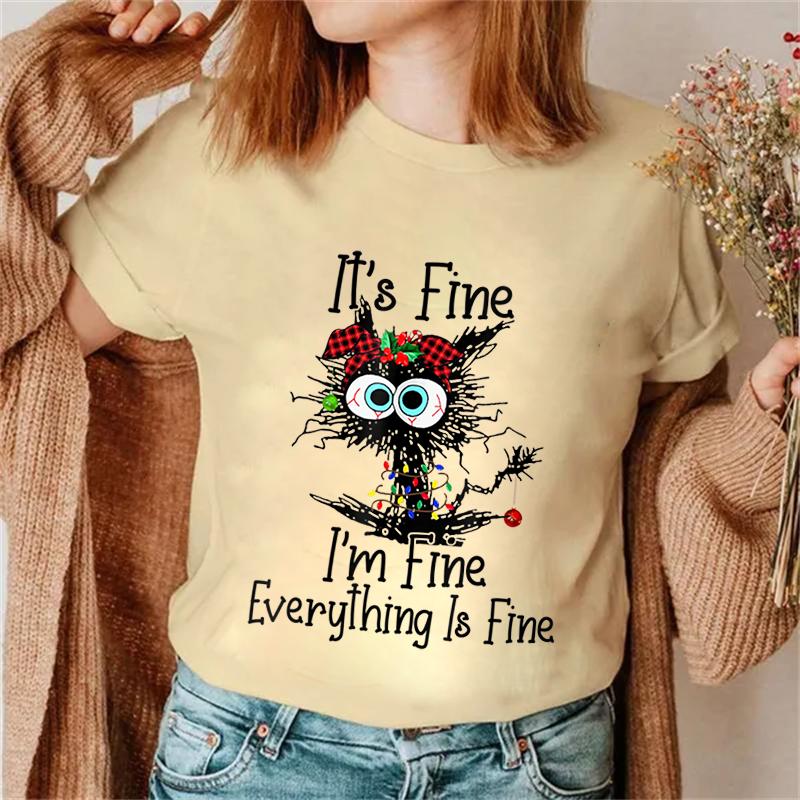 It's Fine I'm Fine Everything Футболки с принтом кота, топы, женская футболка, рождественские футболки с огнями Санта-Клауса, женские топы 90-х Ulzzang, футболки