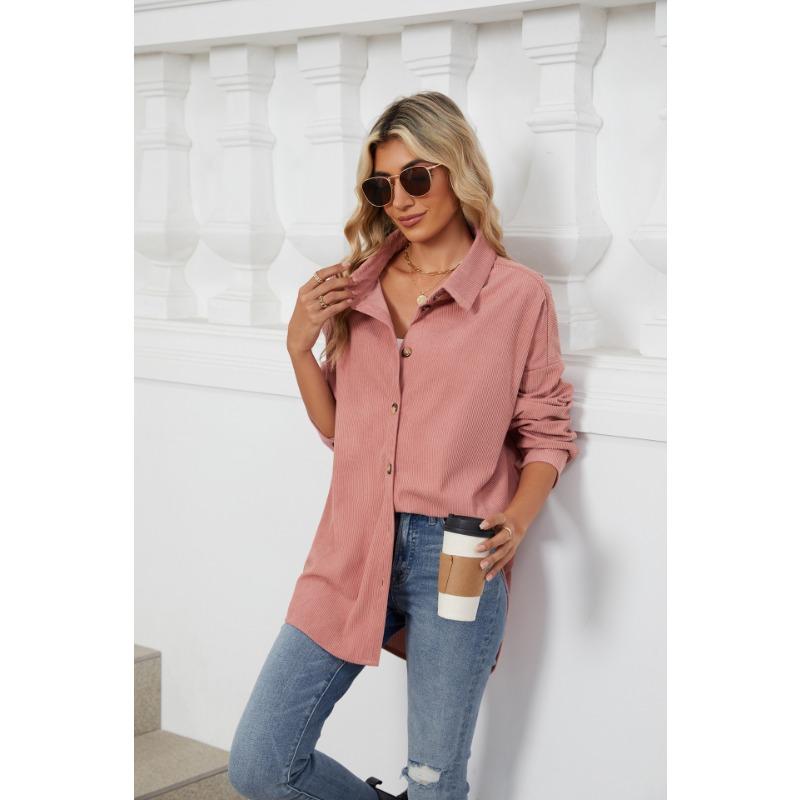 Весенне-осенняя женская однотонная свободная рубашка с длинным рукавом и пуговицами на лацканах