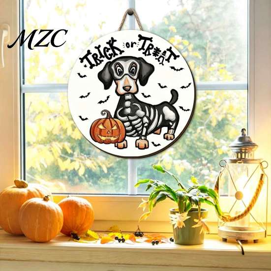Funny Pumpkin Bat Hanging Ornament Halloween Dachshund Sign, Spooky Skeleton Dog Trick or Treat Wooden Cute Cartoon Puppy Decoration with Pattern,