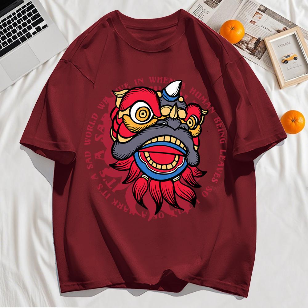 Энергичные принты головы танцующего льва Мужская футболка Хип-хоп с круглым вырезом и коротким рукавом Хлопковая повседневная футболка Оверсайз Летний топ