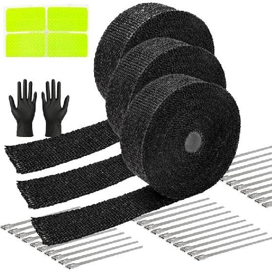Exhaust Heat Wrap Roll 2" X 16' Black Fiberglass Heat Shield Tape 1 Rolls 5Cm X 5M With 10Pcs Stainless Ties For Motorcycle Car Truck