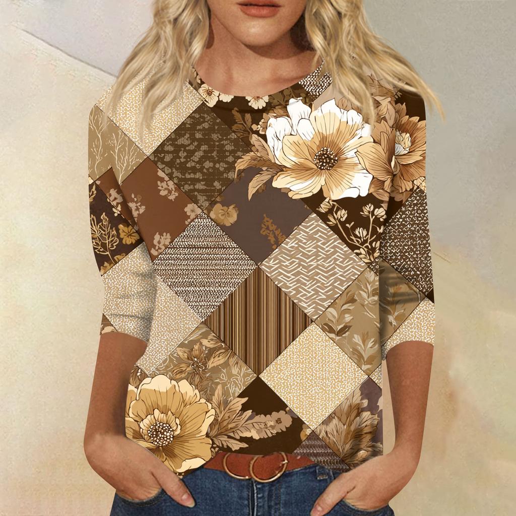 Женская модная повседневная футболка с круглым вырезом и рукавом три четверти, в стиле ретро, с цветочным принтом