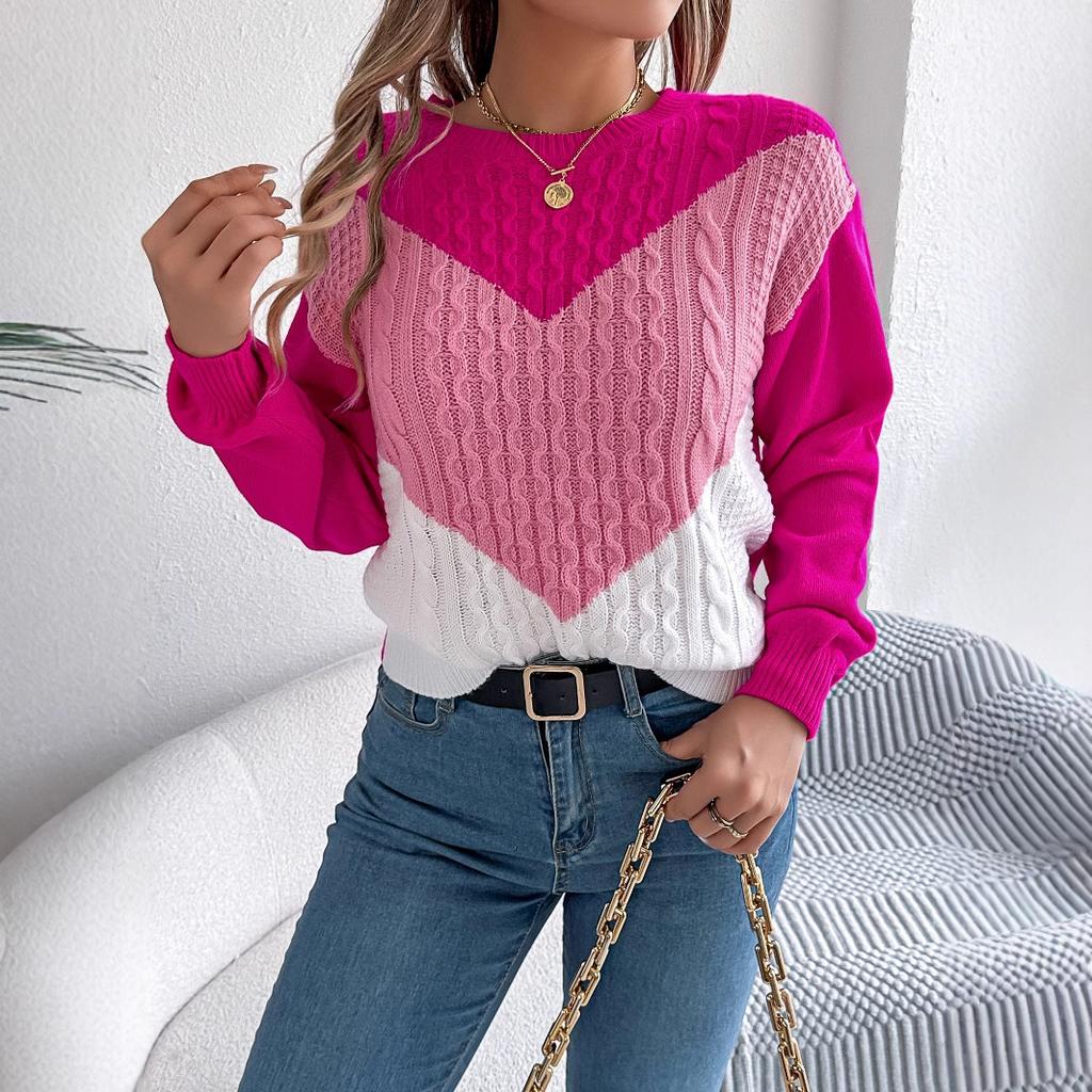 Womens Knit Jumper V-Neck Long Sleeve Color Block Pullovers Sweaters Button Chunky Cable Knitted Sweatshirt