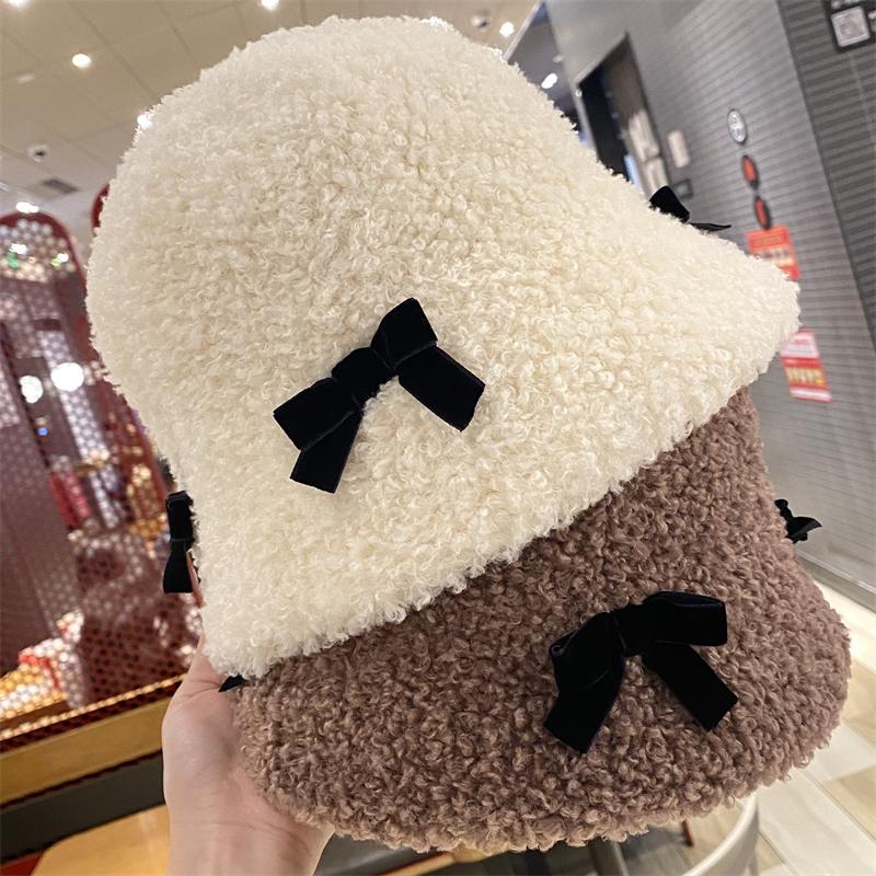 Bow plush fisherman hat children autumn and winter travel warm face bucket hat new