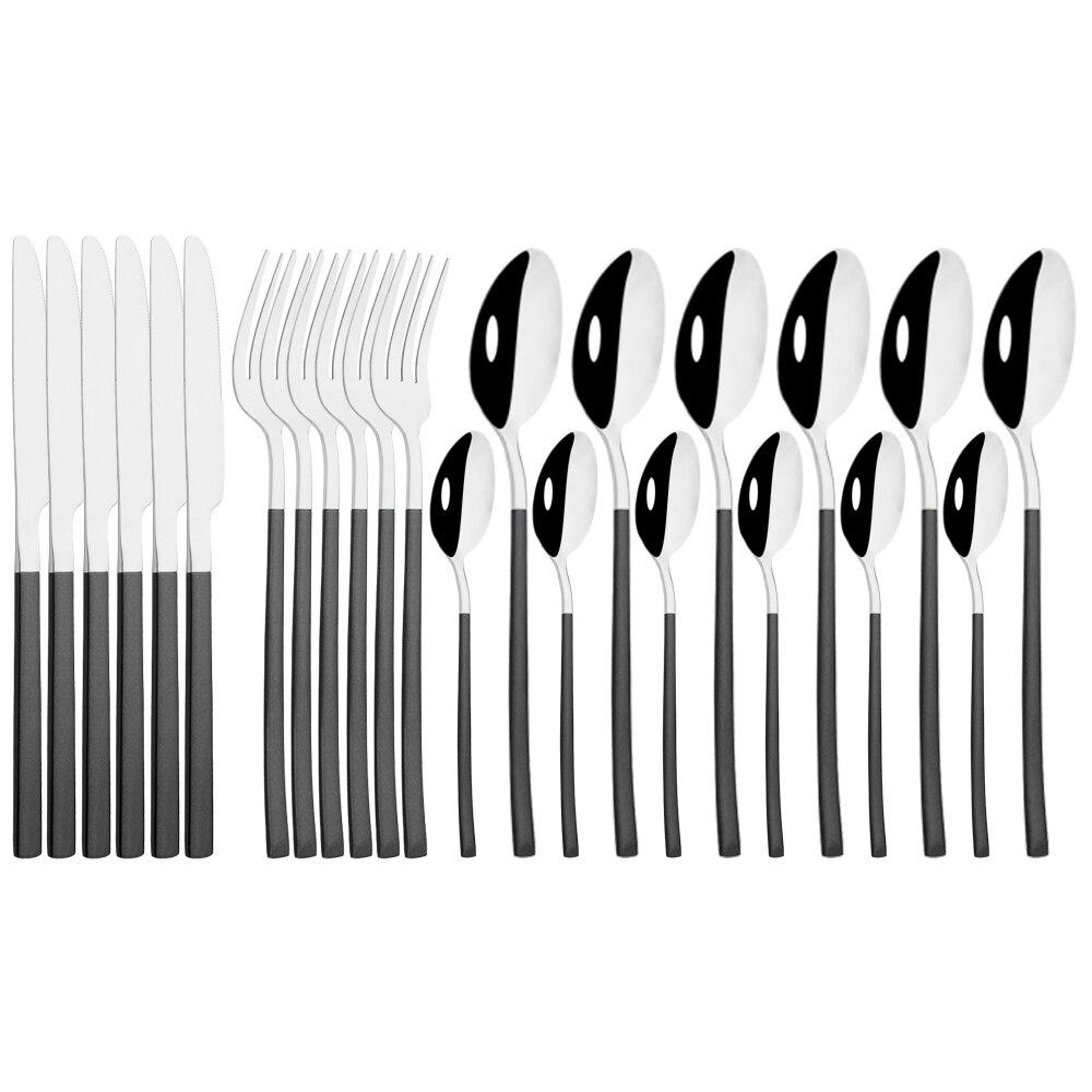 24 шт., черный набор столовых приборов, нож, вилка, ложка, набор столовой посуды, зеркало из нержавеющей стали, чайные ложки, столовые приборы, набор столового серебра