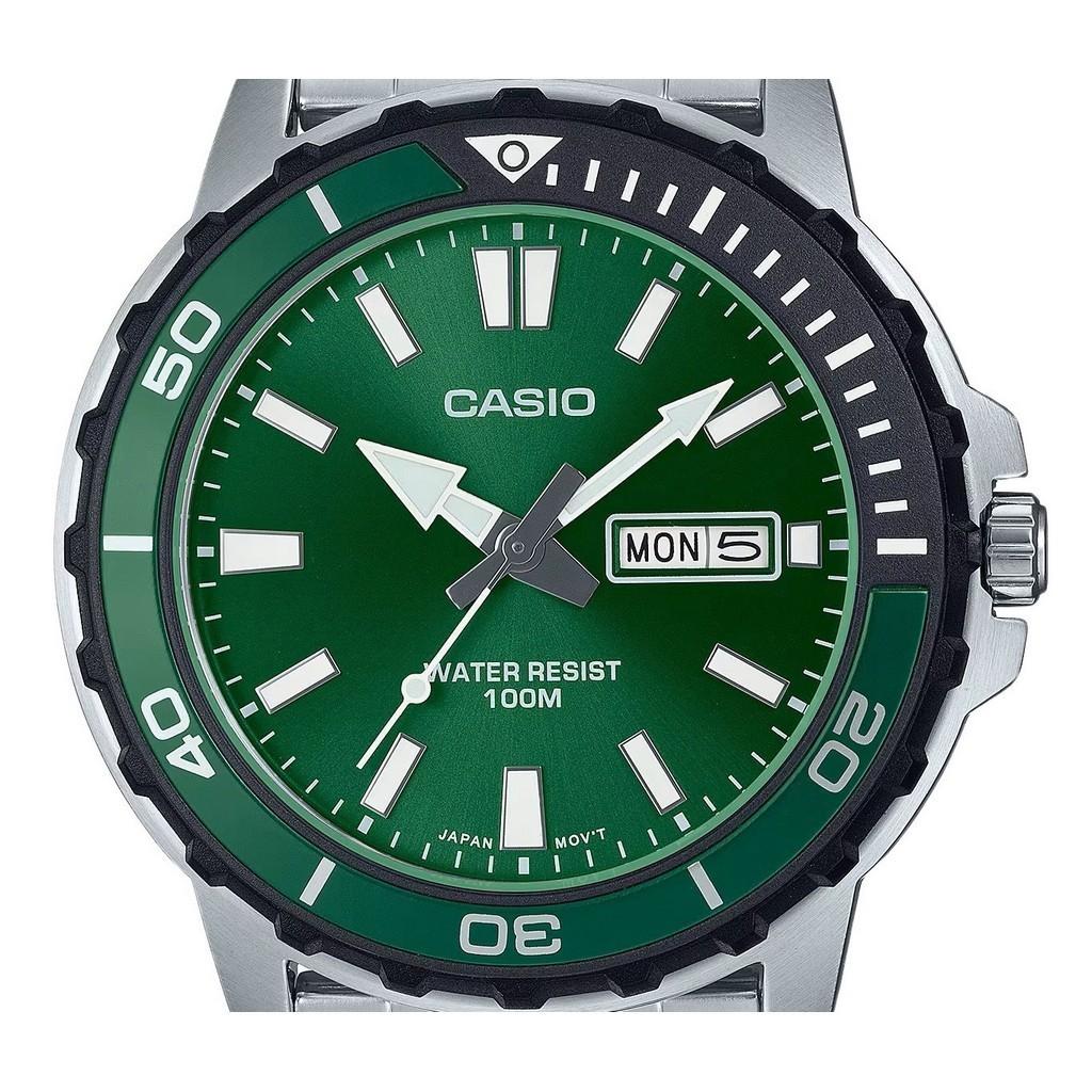 Casio Стандартные аналоговые кварцевые мужские часы из нержавеющей стали с зеленым циферблатом MTD-125D-3AV 100M