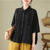 Retro Summer Women's Cotton Hemp Polo Collar Solid Button Pockets Fashion Casual Single Breasted Short Sleeve Loose Shirt Tops