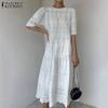 Women Casual Round Neck Loose Half Sleeve Lace Dress