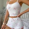 2 Pcs/Set Women Vest Shorts Suit Bow Cherry Print U Neck Sleeveless Top High Waist Short Trousers Homewear Loungewear Outfit Summer Sleepwear