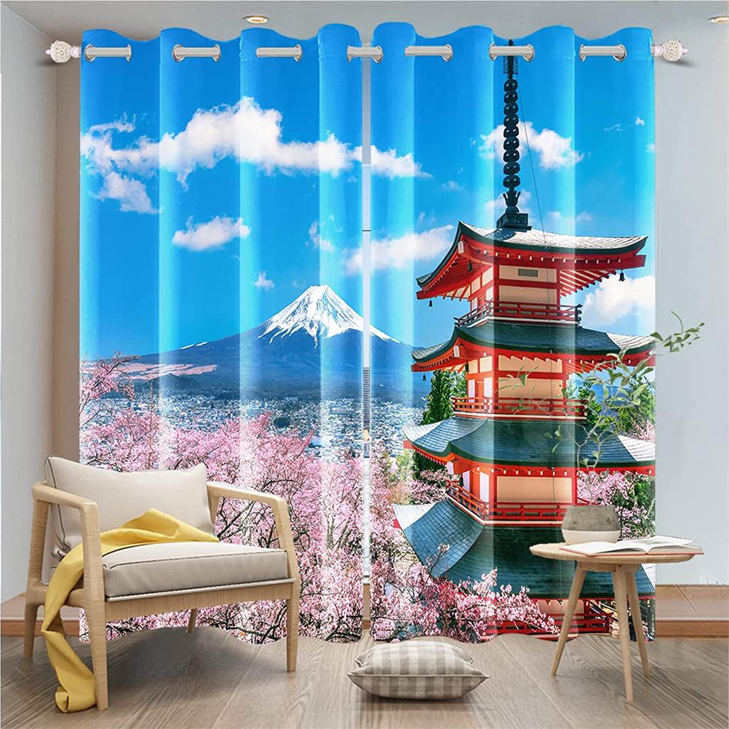 Mount Fuji Pattern 3D Digital Printed Curtain Living Room Decorated with Two Panels of 90 G Polyester Fiber Curtain Fabric