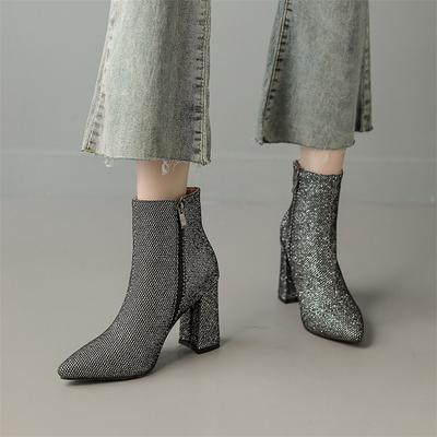 FOREADA Женские короткие ботильоны на щиколотке с острым носком, на толстом высоком каблуке, на молнии, с кристаллами, блестящие ботинки, женская модная обувь, осень-зима 43