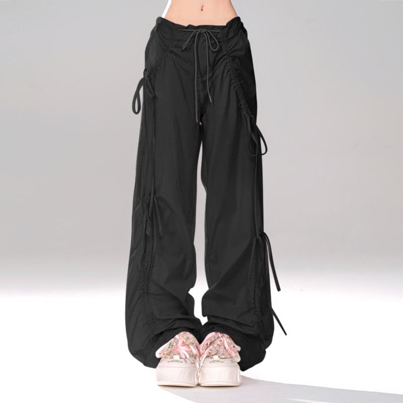 VONDA Women Summer Elastic Waist Drawstring Tie Solid Color Pants