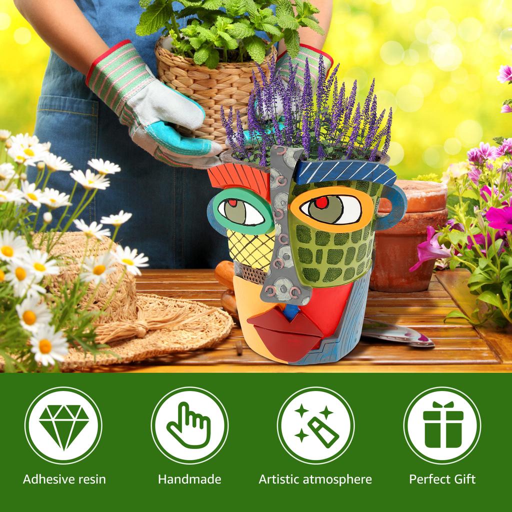 Abstract Face Resin Flower Pot Colorful Artistic Planter with Handle Portable Home Decor Plant Container Funny Face Flower Pot