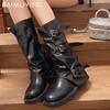 Кожаные женские высокие сапоги, дизайнерские туфли на среднем каблуке, ботинки для мотоциклистов средней длины, зимние 2024 года, тренд, новинка, готические ботинки Mujer