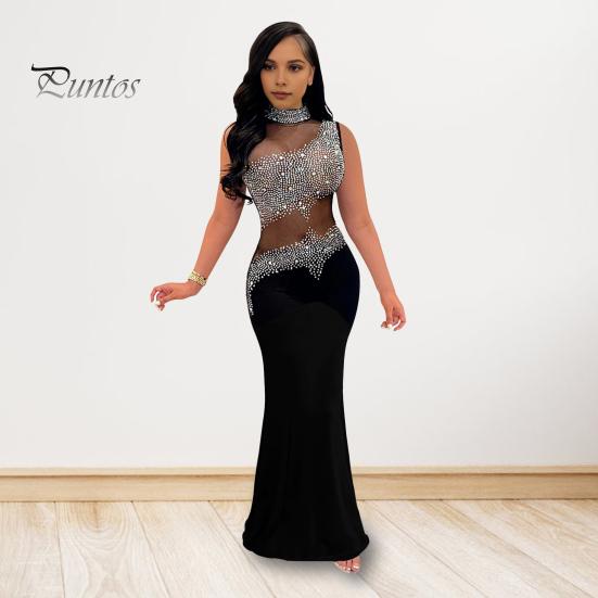 Женское вечернее платье со стразами, сетка в стиле пэчворк, без рукавов, облегающее, с круглым вырезом, свадебное, вечернее, макси-платье для выпускного вечера, официального банкета