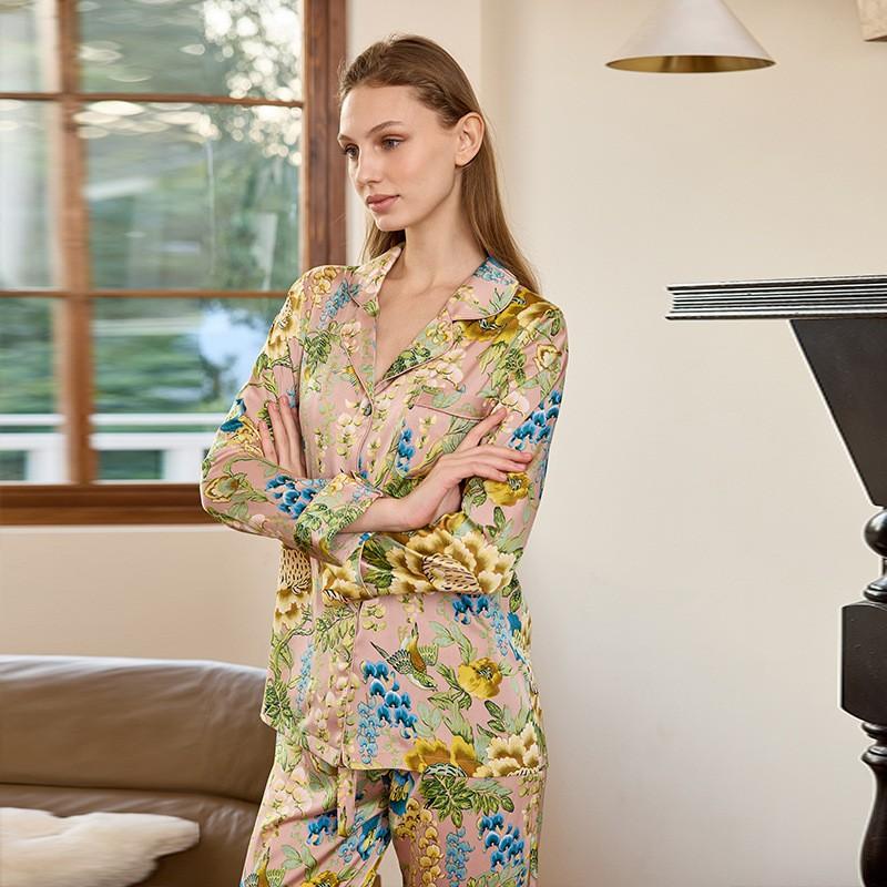 Womens Lightweight Ice Silk Pajama Set With Floral Print Long Sleeve Loose Fit Sleepwear Home Comfort