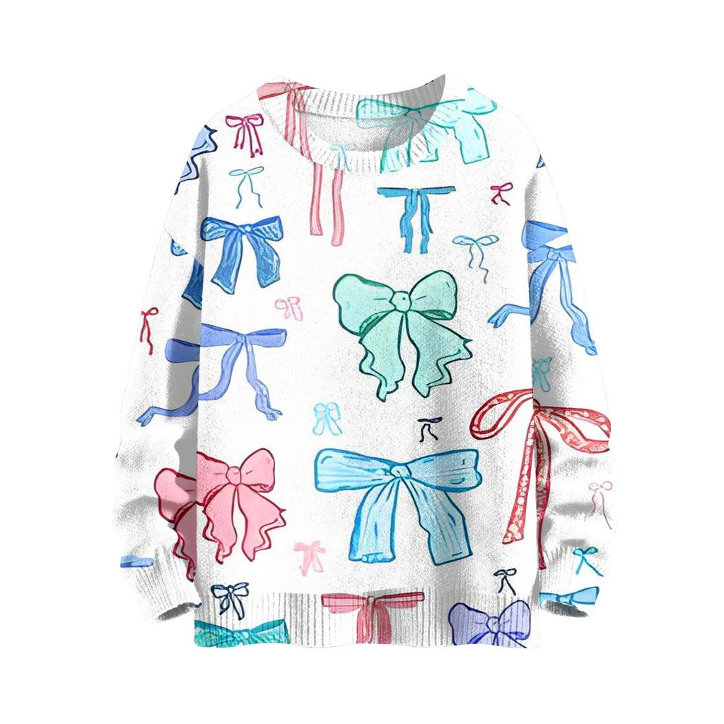 Женская мода повседневный длинный рукав бант принт милый ворот шерстяной трикотажный пуловер топ