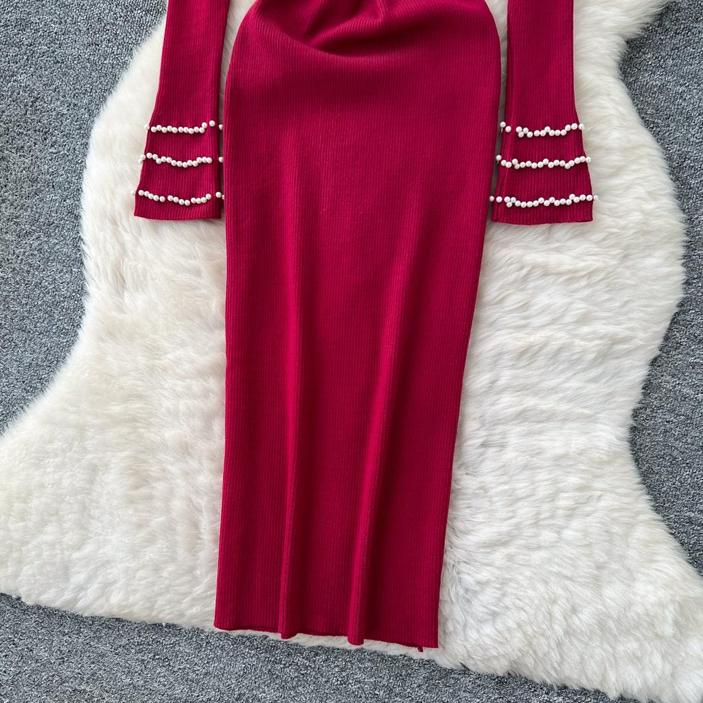 Autumn Spring Women Full Sleeve Luxury Beading Knitted Sweater Party Dress Long Midi Sheath Bodycon Pullover Dresses