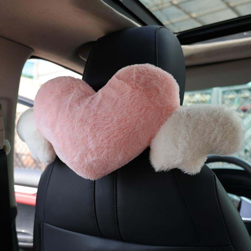 Подголовник для автомобиля из хлопка, плюшевая подушка для шеи с крыльями, уменьшающая усталость во время вождения, декоративные аксессуары в форме сердца для салона автомобиля