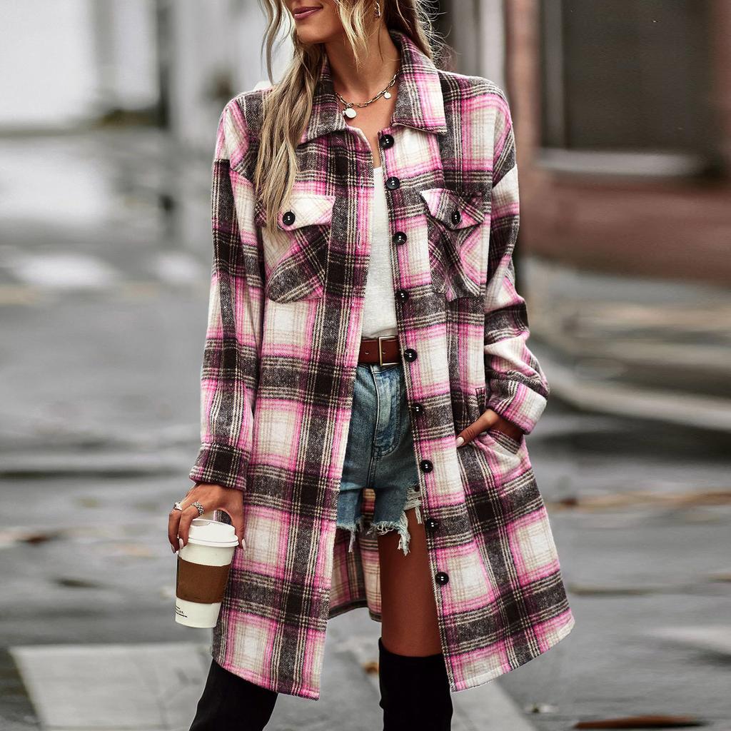 Женская модная клетчатая свободная повседневная осенняя и зимняя куртка с длинными рукавами