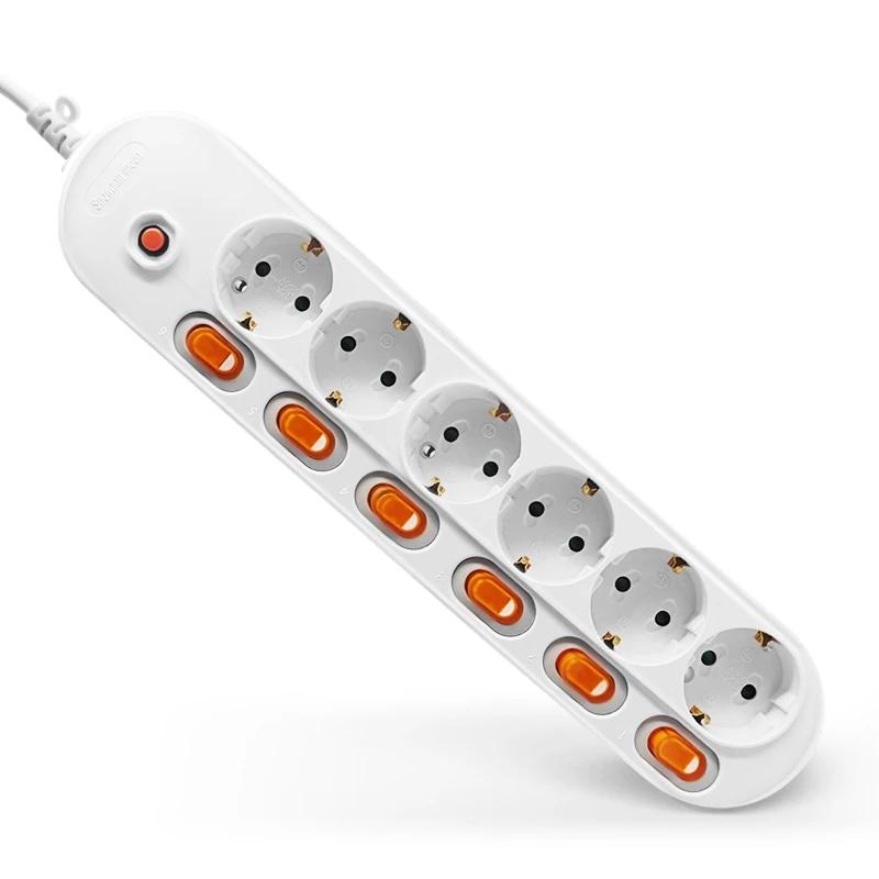 Power Strip Surge Protection EU Plug 3/5/6 Way Outlets Electrical Extension 16A Sockets Independent Control Switches 1.5/2m Cord