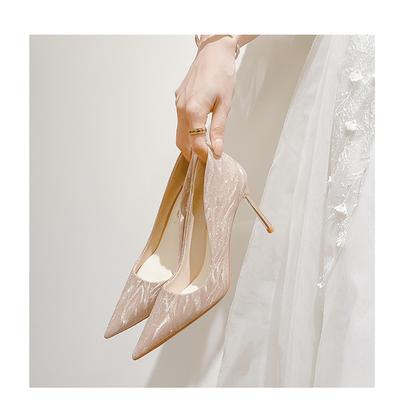 Французские женские туфли на высоком каблуке шпильке 2024 новые туфли для свадьбы Хэсю знаменитости из Интернета платье туфли подружки невесты остроносые с мелким вырезом лодочки